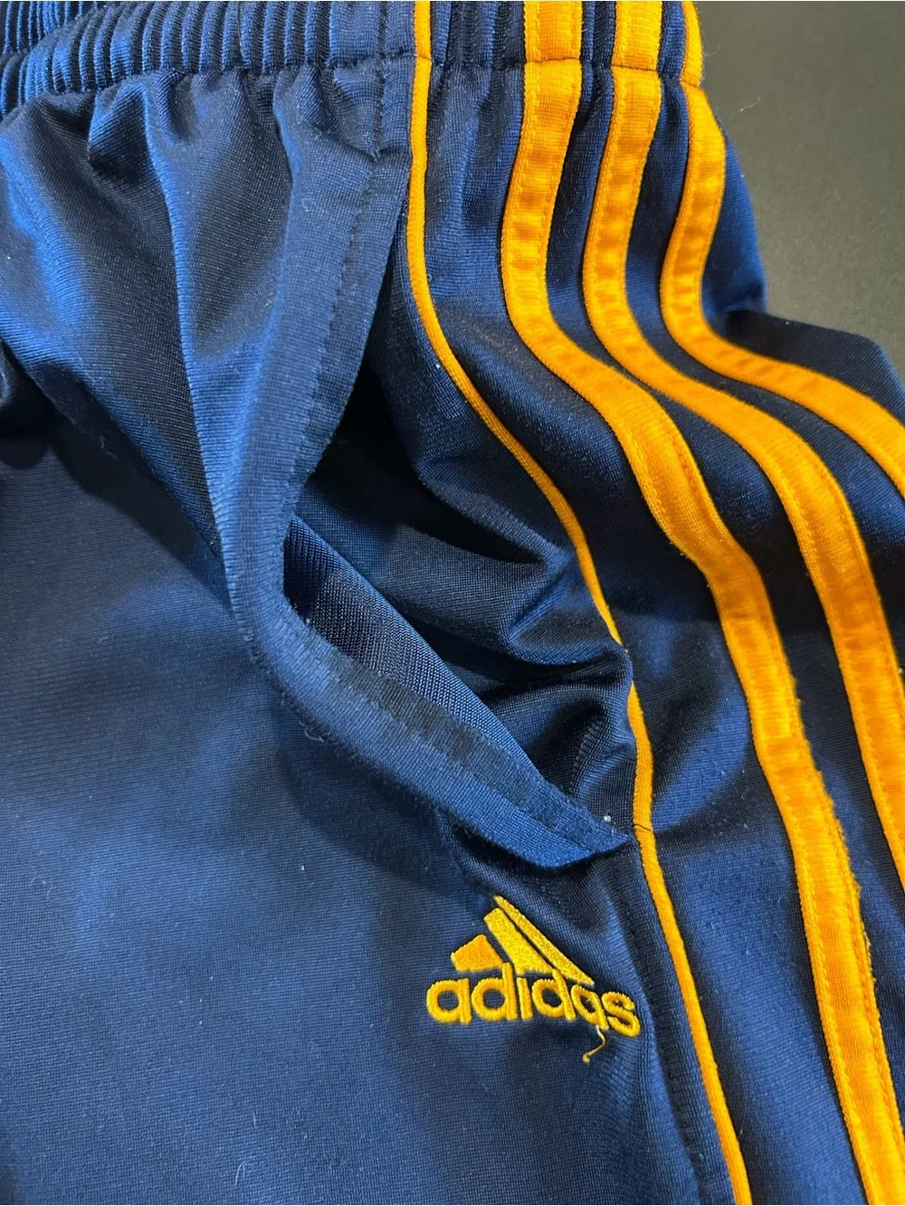 adidas Boys Navy Sweatpants with Orange Three-Stripes - Picture 2 of 3